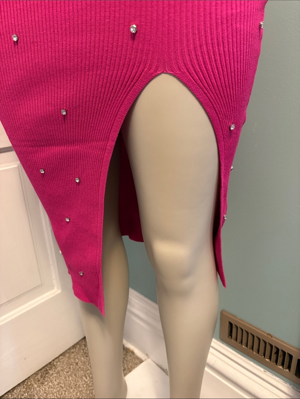 Fuchsia Rhinestone Halter Ribbed Mini Dress - Picture 5 of 6